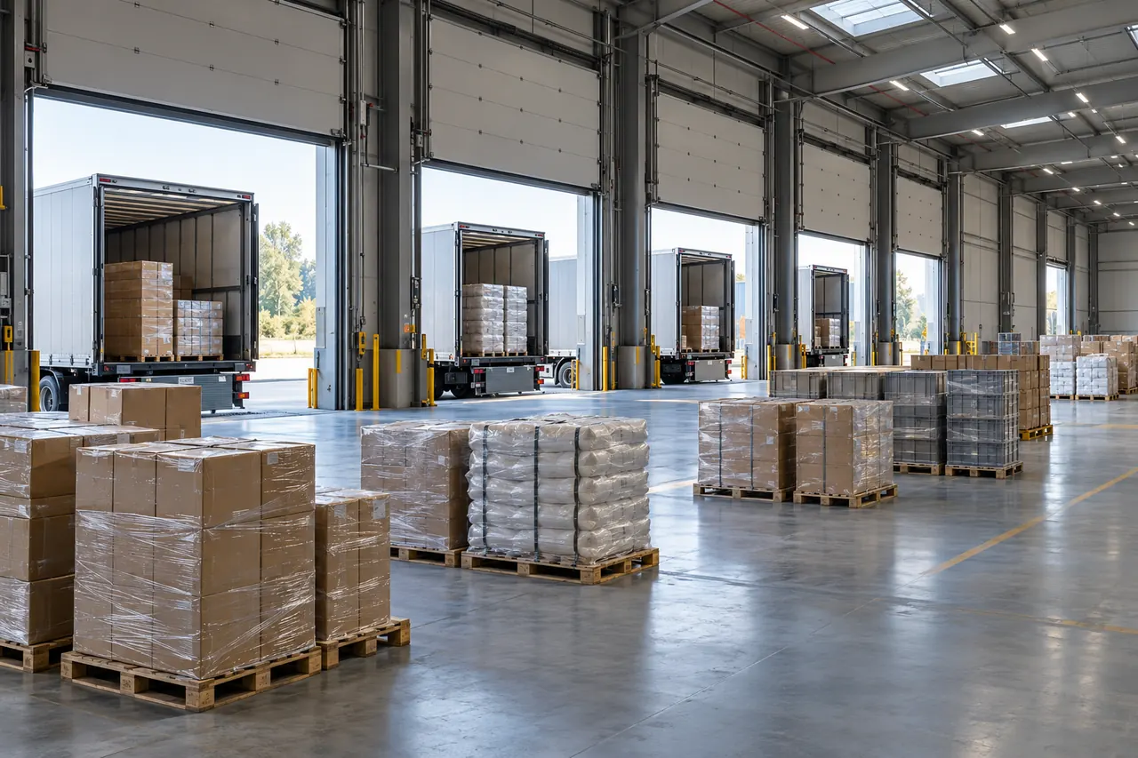 Varios camiones atracados en un muelle de cross-docking, con palets de distintos clientes agrupados en el suelo.